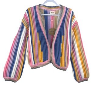 BIBI Women Medium Multicolor Striped Ribbed Open Front Cardigan Sweater NWT